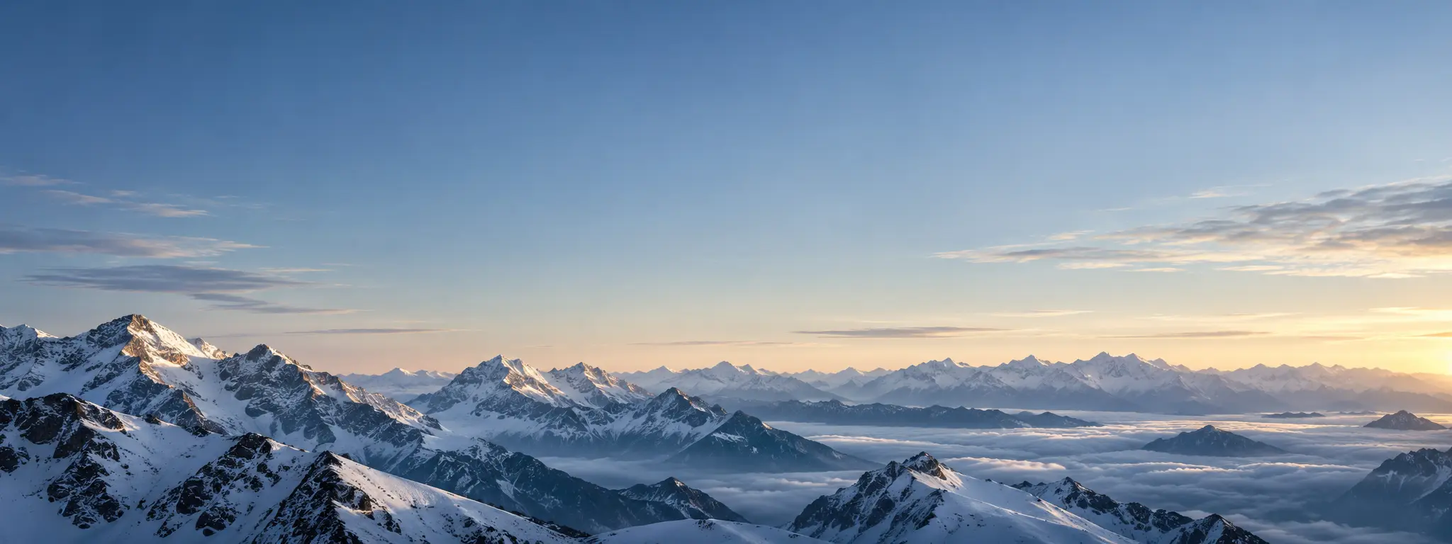 A clear blue alpine sky above a range of snowy mountains